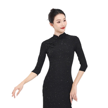 Fubo classical dance costume retro irregular black knitted cheongsam ethnic dance performance costume three-quarter sleeve dress