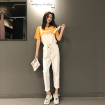 Bib womens Korean loose and thin suit 2021 autumn denim wide-leg pants white age-reducing cute college style