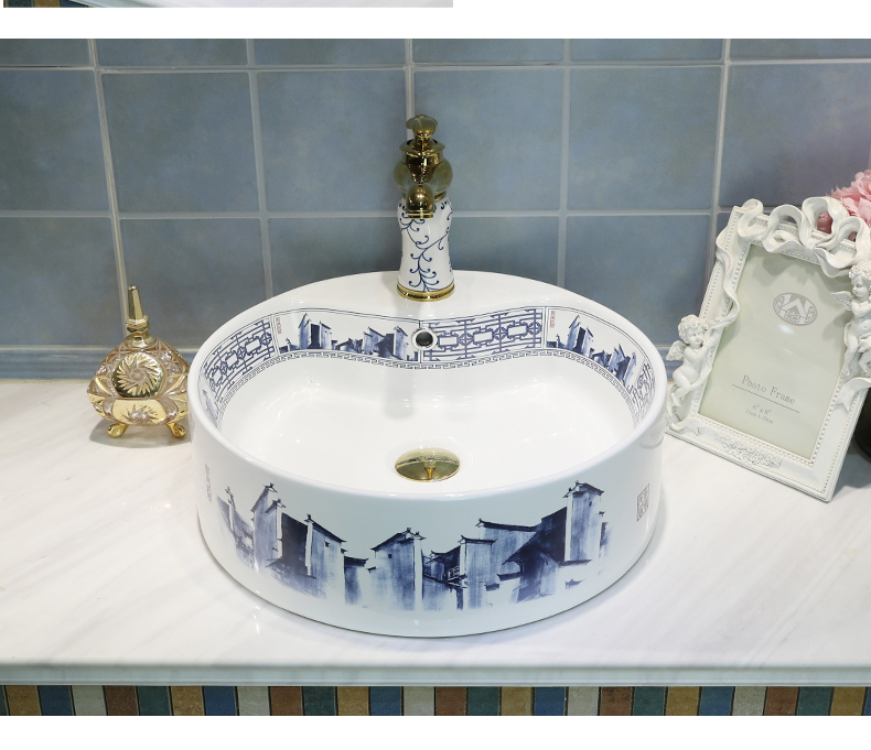 Wash basin on its Chinese blue and white porcelain ceramic toilet creative round the sink household art basin trumpet