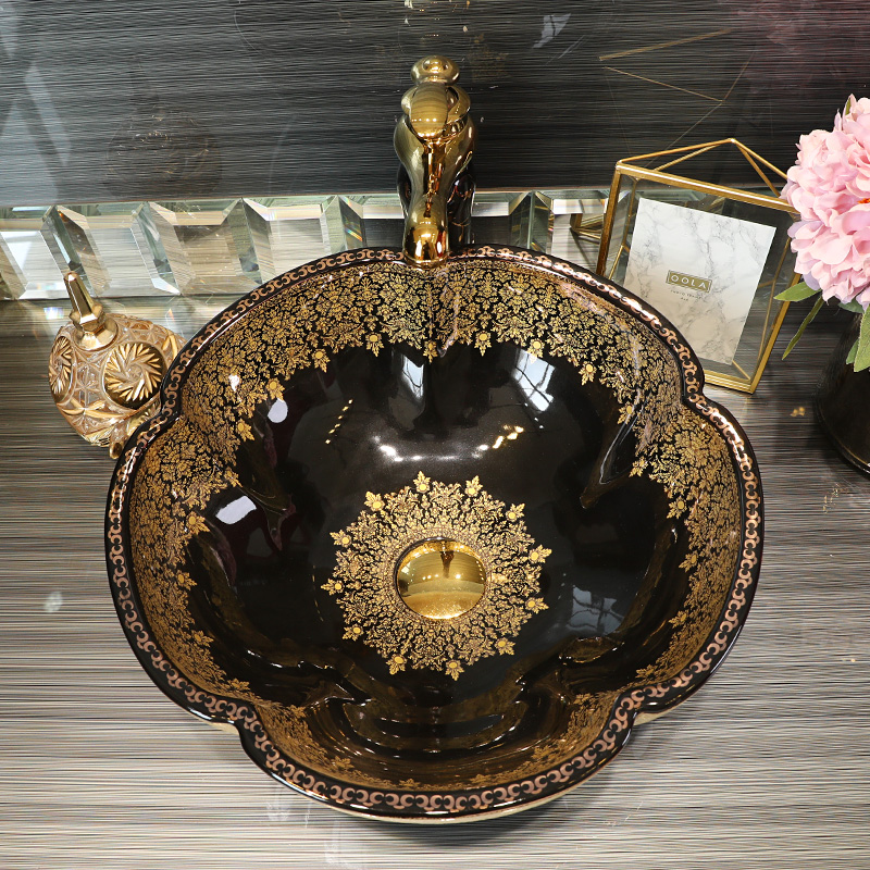 Gold cellnique European stage basin of jingdezhen ceramic lavabo black Jin Wen contracted the lavatory toilet