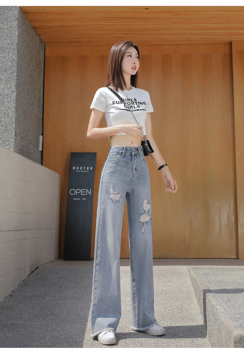 破洞牛仔裤女高腰显瘦2021年夏季新款宽松直筒垂感复古阔腿裤薄款详情5