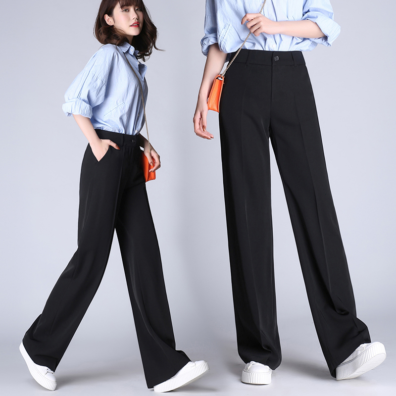 Drapey Wide-Leg Pants for Women, Spring and Autumn, High-Waisted, Straight-Leg, Floor-Length, Plus-Size, Loose, Casual, Black Suit Pants