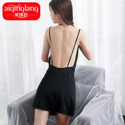 漏背睡裙女生性感睡衣吊带春夏季韩版清新雪纺2019新款冰丝短裙黑-tmall.com天猫
