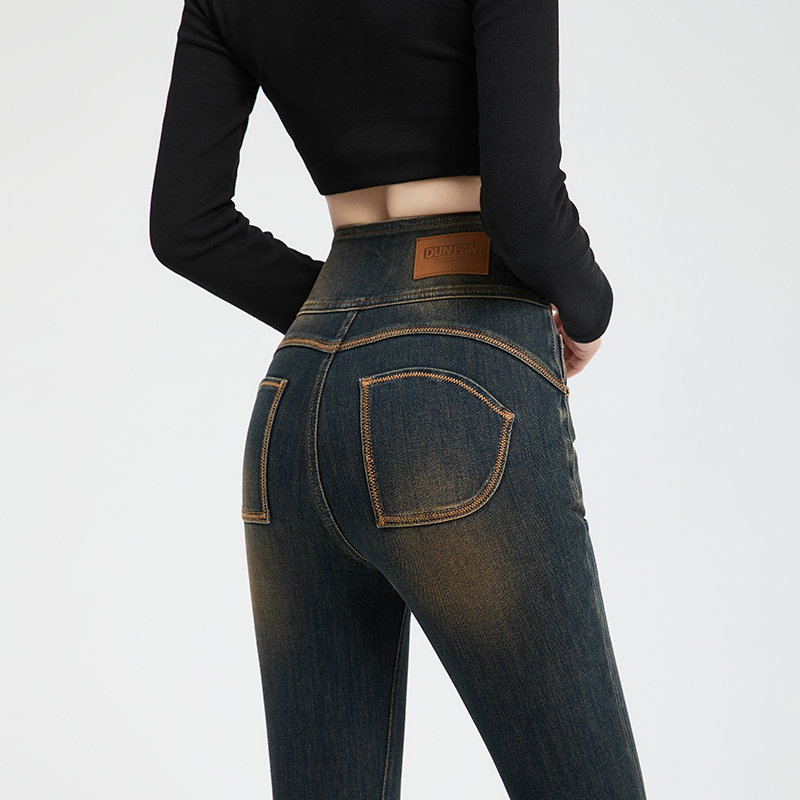 American-Style Peach Butt High-Waisted Denim Pants for Women, Suitable for All Seasons, Vintage Rust Blue, Slimming and Height-Enhancing, Cement Gray, Four-Way Stretch Skinny Pants