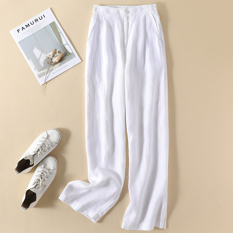 Summer high-waisted linen wide-leg pants women's white mopping trousers with cotton and linen drape straight-leg pants plus size women's pants