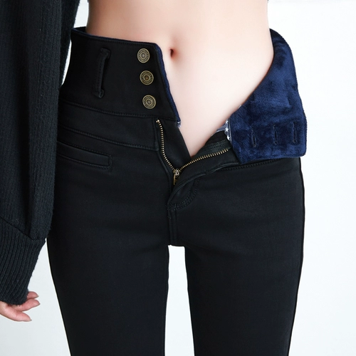 Утепленные черные цветные джинсы, зимние удерживающие тепло штаны, высокая талия, 2020, по фигуре, в обтяжку