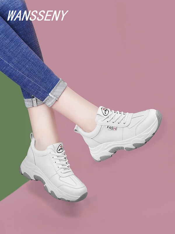 Wansseny Thick-Soled White Shoes for Women 2026 Autumn and Winter New Genuine Leather Women's Shoes Versatile and Flattering Soft-Soled Travel Shoes