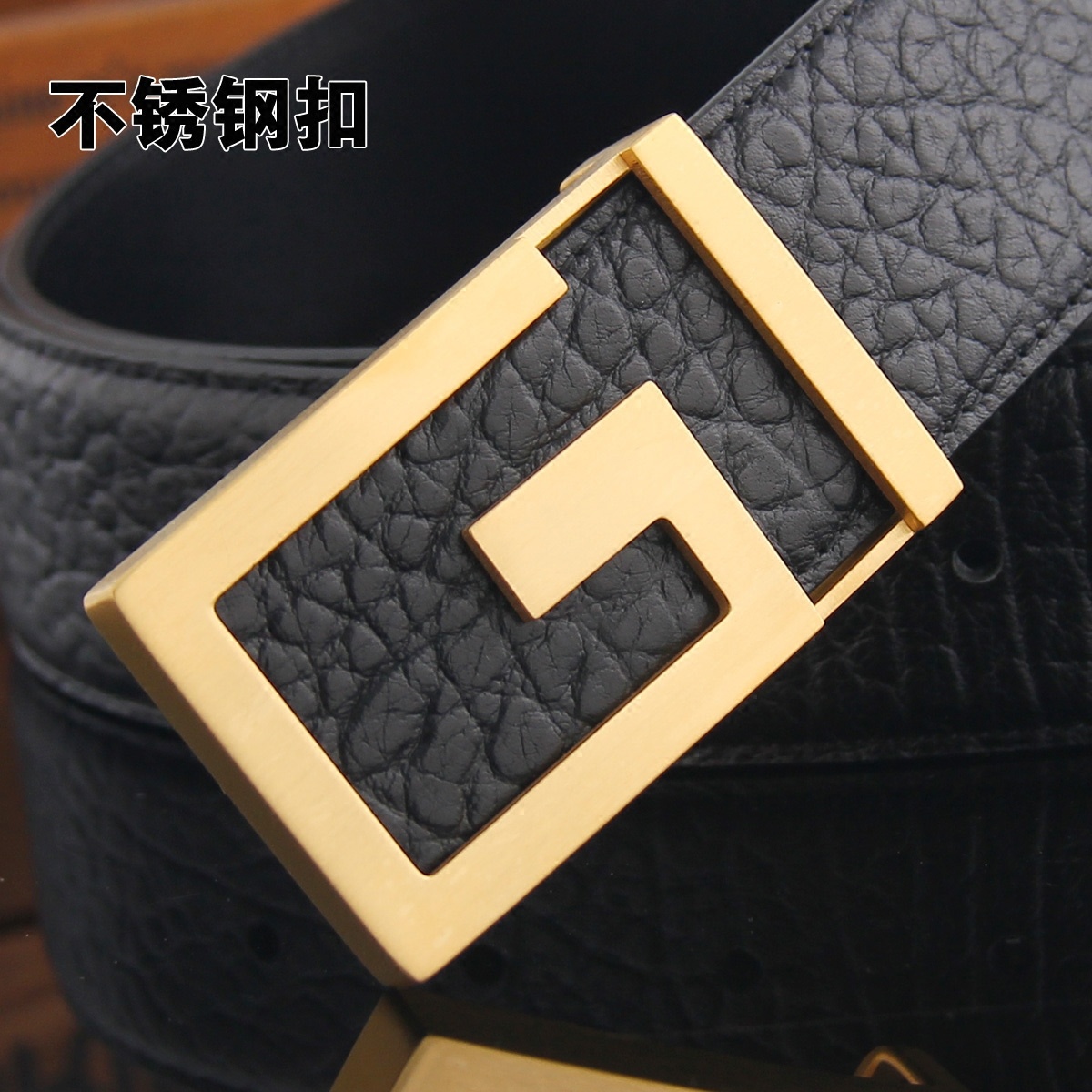 Ai Lanbao Business Elephant Grain First Layer Leather Men's Belt Stainless Steel G-shaped Smooth Buckle Leather Belt Youth