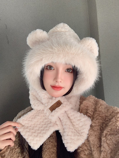 Fugui 2025 New Cute Plush Bear Hat for Women, Winter Scarf Integrated Thickened Warm Neck Warmer Two-Piece Set