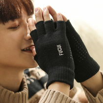 Half finger gloves male Winter five fingers plus velvet riding half leak finger warm tide Korean version of exposed students write cold