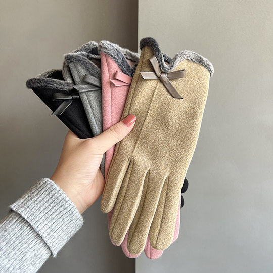 富柜2025新款手套女冬季蝴蝶结加厚保暖学生骑行电动车可触屏防寒