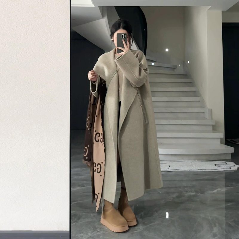 2024年秋冬新作ウールコート、小さめサイズ、韓国風ミドル丈、女性用高重量高級ウールコート