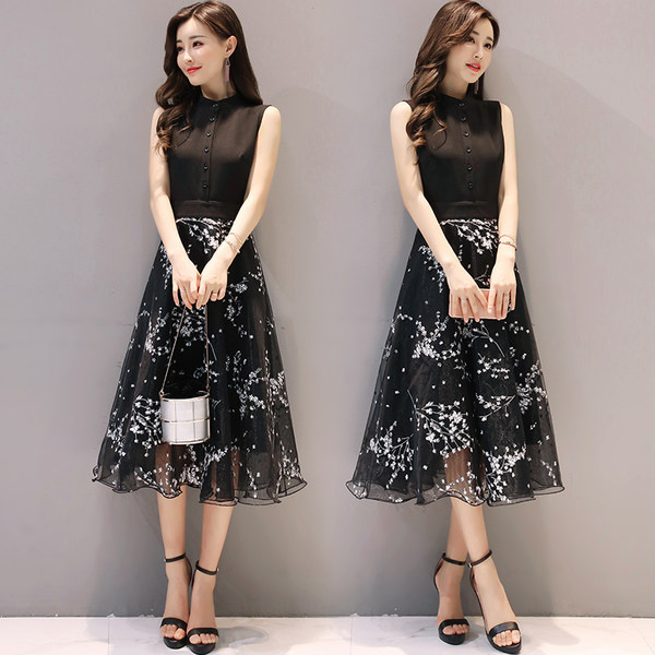 Vannyster 维妮司特 17年新款拼接大摆 欧根纱无袖连衣裙 聚划算+优惠券折后￥88包邮（￥98-10）5色可选