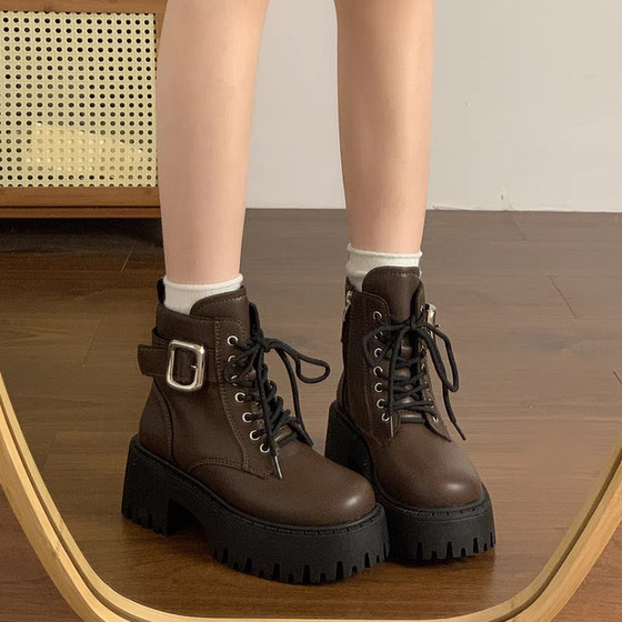 厚底英伦风马丁靴女款2025春季新款网红爆款小个子增高黑色短靴子