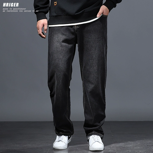 Осенние эластичные флисовые зимние прямые свободные джинсы для отдыха, оверсайз, большой размер, свободный крой