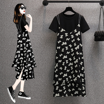 Age-reduced fashion breastfeeding T-shirt top floral chiffon suspenders dress two-piece feeding summer dress postpartum plus size