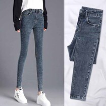 Mid-waist jeans spring and summer autumn Joker casual pants elastic slim slim slim body tight high-play go out wear small pants