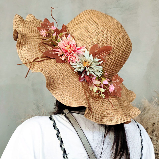 Straw hat female summer sun hat beach small fresh sun hat seaside flowers holiday cover face big brim sun hat