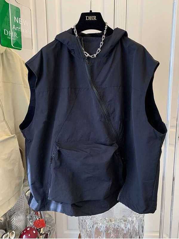 Solid Color Zip-Up Hooded Sleeveless T-Shirt for Men, Summer ins Korean Style Trendy Versatile Stylish Casual Loose Vest