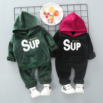 Boys double-sided velvet set baby autumn and winter clothes baby foreign clothes girls Spring and Autumn plus velvet two-piece childrens clothing tide