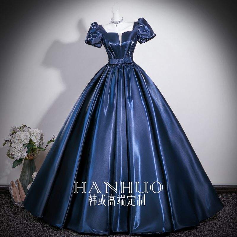 New Style Navy Blue Formal Dress, High-End Vocal Performance Satin Gown, Plus-Size Host's Dress, Adult Ceremony Tutu Dress for Women