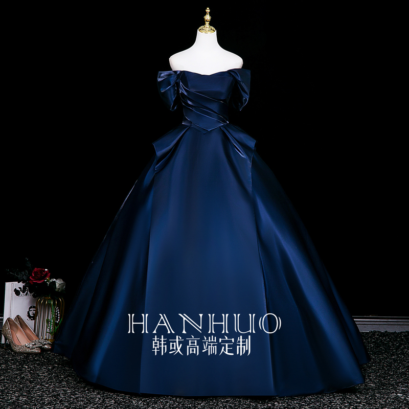 One-Shoulder Navy Blue Dress, New Style for Coming-Of-Age Ceremony, Long High-End Host Gown, Piano Performance Tutu Dress, Bel Canto Female Performance Dress