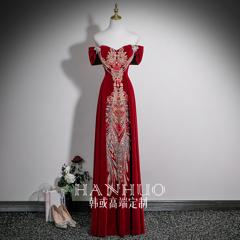 Red Engagement Dress 2026 New Style Toast Dress Bride Wedding Plus Size High-End Petite Velvet Dress for Women