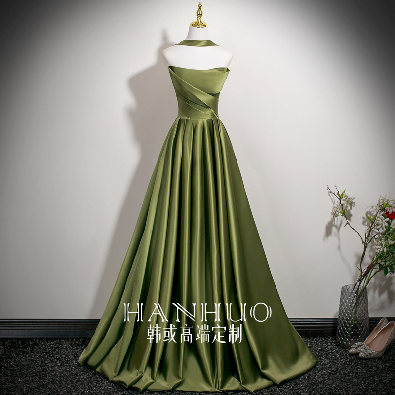 Green Evening Dress for Women, New High-End Satin Host Banquet Strapless Satin High-End Light Luxury Coming-Of-Age Ceremony Dress