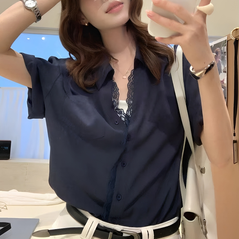 French Retro Navy Blue Shirt for Women, Short-Sleeved Lace Patchwork Relaxed Shirt, Versatile and Stylish Niche Top French Retro Navy Blue Shirt for Women, Short-Sleeved Lace Patchwork Relaxed Shirt, Versatile and Stylish Niche Top