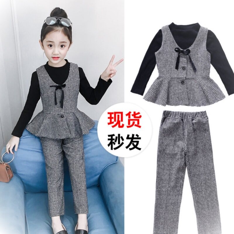 Girls spring suit 2021 new children's clothing middle and large virgin girl Foreign school children's fashionable spring and autumn net red three-piece set