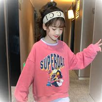 Girls 2021 Spring and Autumn Fashion Splice Sweatclothes Childrens foreign style Korean loose tops in the big children fried street fake two pieces
