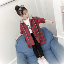 Girls spring shirt 2021 new childrens plaid shirt middle child Korean version long sleeve foreign style hooded coat thin