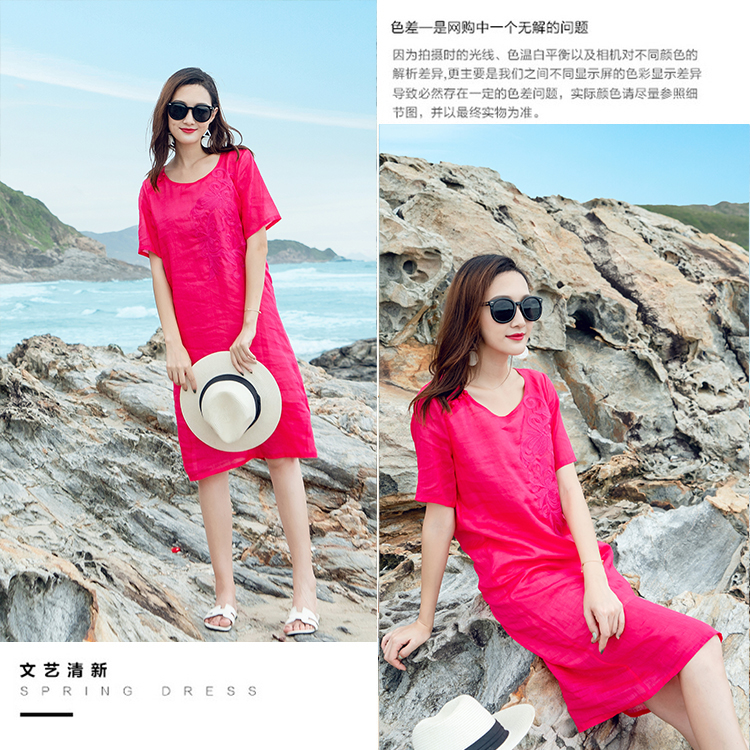 2018 bên bờ biển kỳ nghỉ du lịch ăn mặc ramie thêu váy nghệ thuật Thái retro lỏng ngắn tay một chiếc váy váy suông chữ a cho người béo
