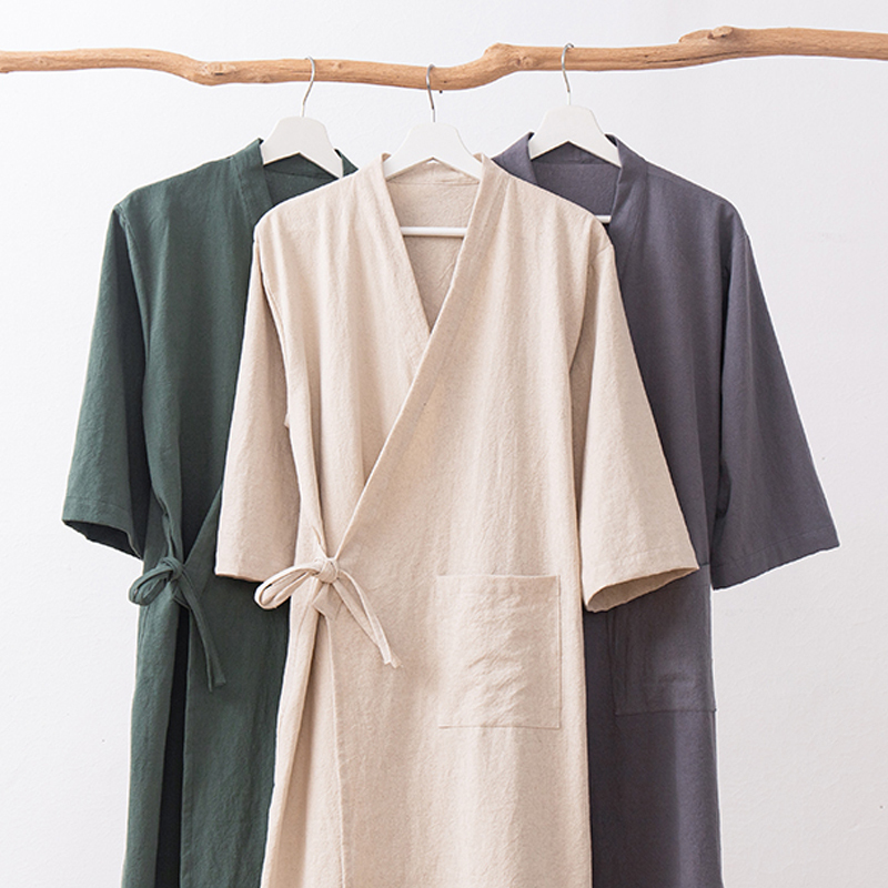 Ruyi Cotton and Linen Bathrobe, Chinese-Style Half-Button Quick-Drying Absorbent Sleep Robe, Unisex Couple Adult Pajamas, Spring and Summer Bathing Robe
