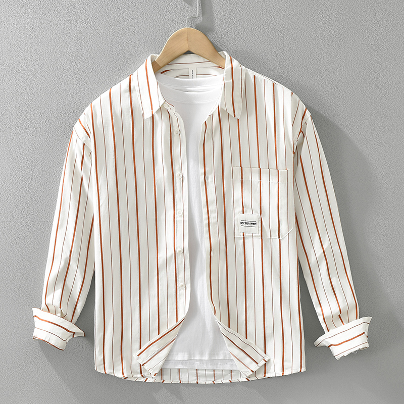 Fashionable Orange and White Striped Long-Sleeve Shirt, Trendy Men's Casual Loose Non-Iron Spring and Autumn Shirt Jacket, Japanese Style Fresh and Simple Fashionable Orange and White Striped Long-Sleeve Shirt, Trendy Men's Casual Loose Non-Iron Spring and Autumn Shirt Jacket, Japanese Style Fresh and Simple
