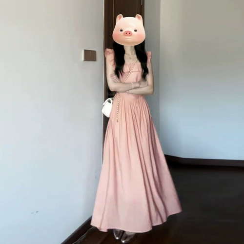 Розовое летнее платье, приталенный корсет, длинная юбка, французский стиль