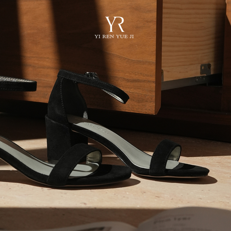 Black French-Style Elegant Single-Strap High-Heeled Shoes, Genuine Leather Open-Toe Chunky Heel Sandals for Women, 2026 New Summer Model
