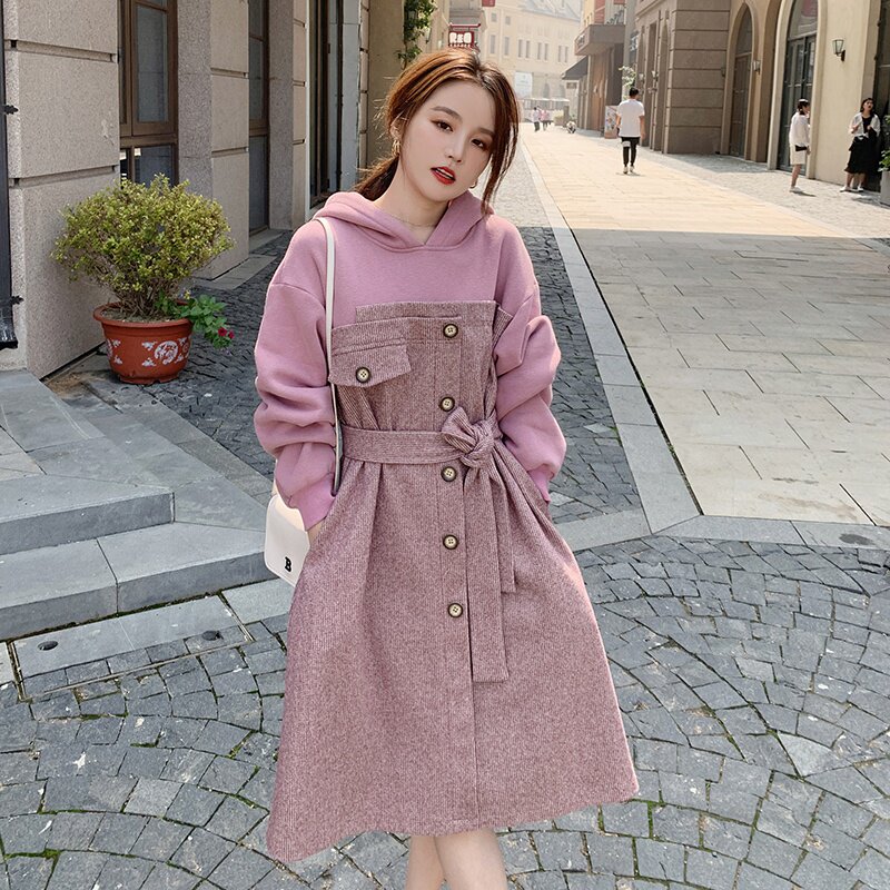 majewuyu pink hooded sweatshirt skirt women's 2021 autumn new design sense of small crowd fight to receive two fake waist
