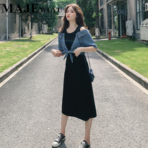 majewuyu Maggie Story Denim Spliced Dress Women's 2020 Autumn Net Red Waist Skinny Long Dress
