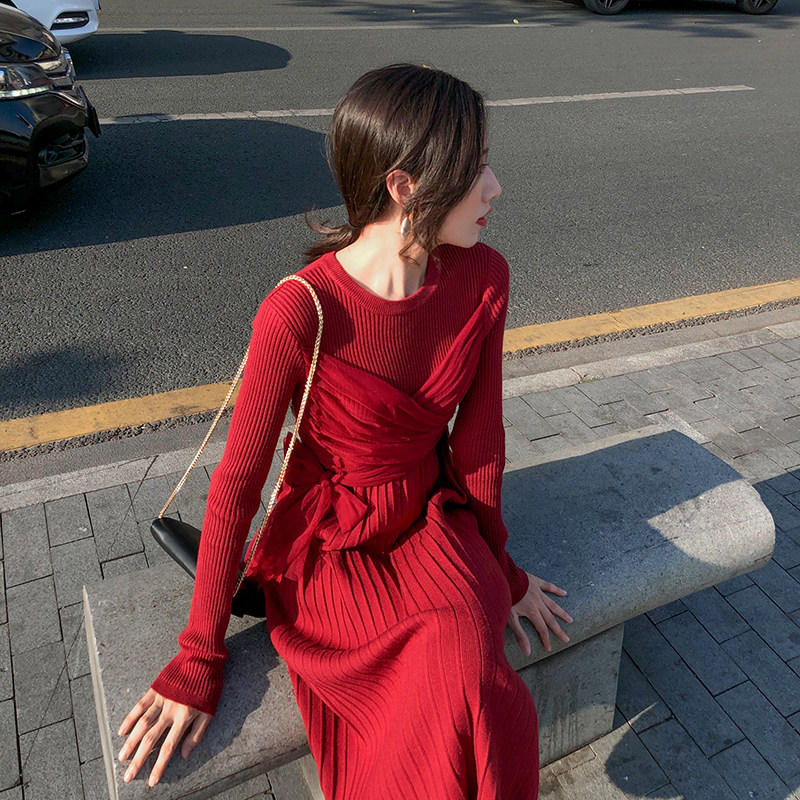 majewuyu net yarn strap knit foreign dress lady autumn winter new style design feeling goddess Fan over knee long skirt