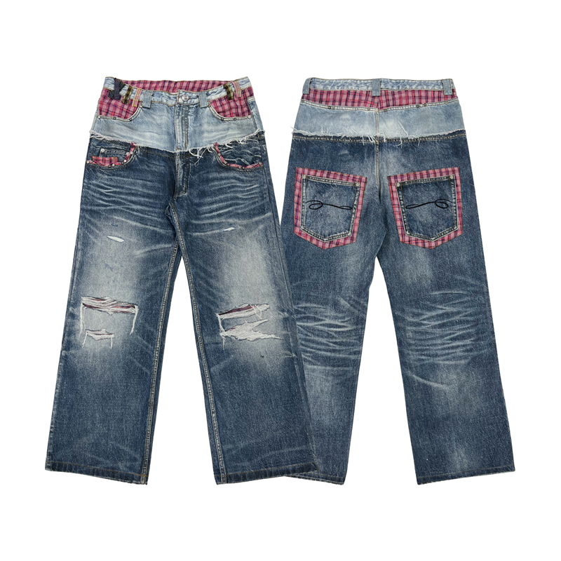 Tecninegroup (Tng) 3D Printed Plaid Patchwork Double-Waist Jeans in Light Blue Denim Street Style