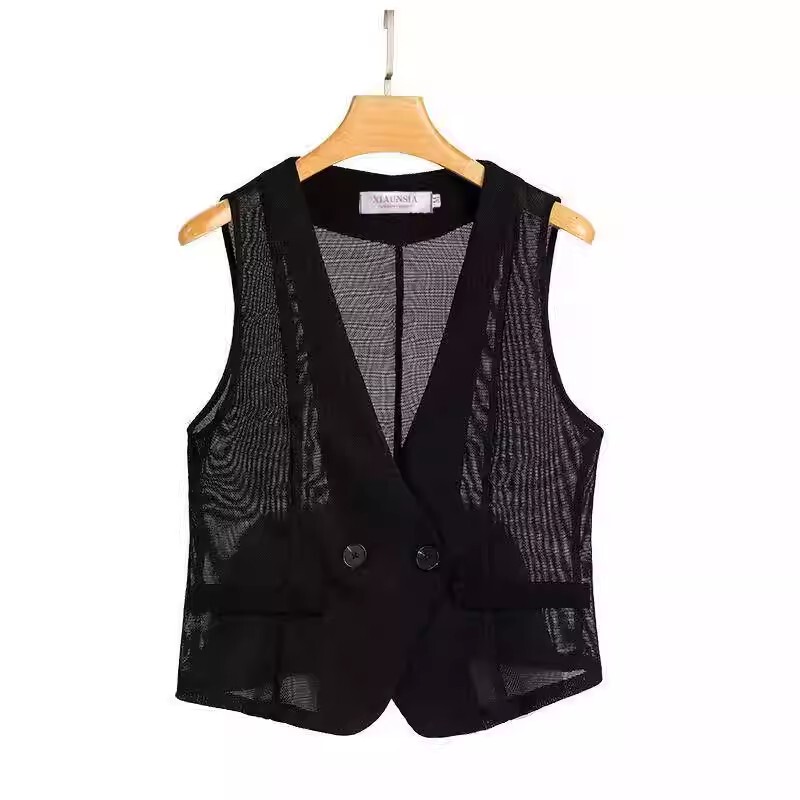 Fashionable V-Neck Mesh Vest for Women, Single-Breasted, Slimming, Versatile, Sleeveless, Stylish Vest