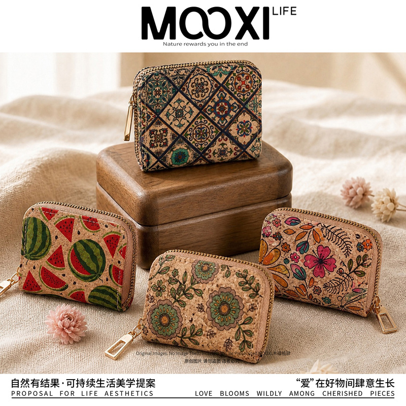 Mooxi Bark Cork Wallet Retro Ethnic Style Zipper Wallet Card Holder Women's Short Travel Souvenir Gift