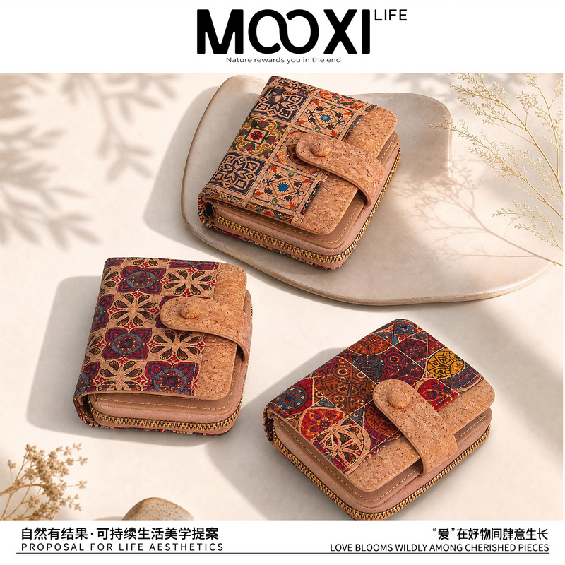 Mooxi Bark Cork Short Wallet National Style Ethnic Style Card Holder Travel Souvenir Holiday Gift for Women