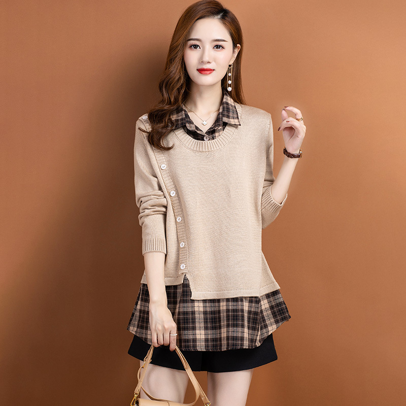 Fake Two-Piece Women's Sweater, Spring and Autumn 2026 New Style, Plaid Knit with Shirt Collar, Stylish Base Layer Top