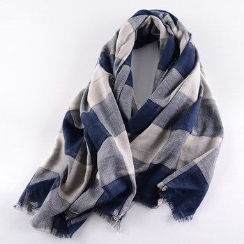 Limited Edition Cotton and Linen Double-Sided Double-Layer Splicing Navy Blue Literary Plaid Scarf Men's Scarf Autumn and Winter