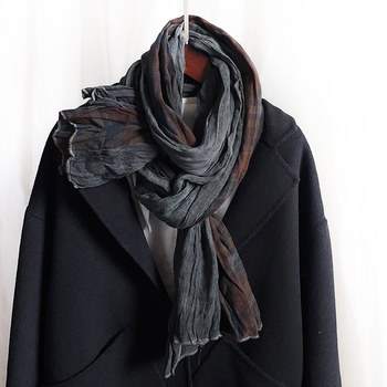 Japanese Order High-End Cotton and Linen Scarf Autumn and Winter Plaid Dirty-Dyed Personalized Retro Men's Scarf Casual Dark Gray