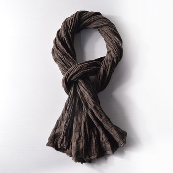 Long Vintage Artistic Cotton and Linen Scarf for Men and Women, Versatile Pleated Neck Warmer, Autumn and Winter Warm Shawl, Unique Dark Coffee Brown