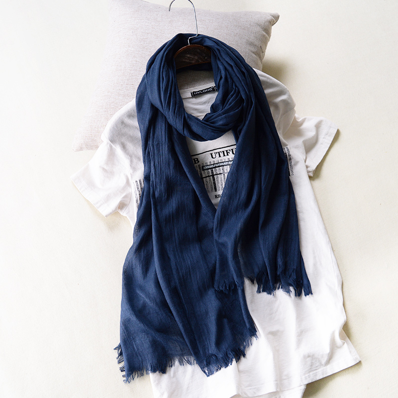Spring and Autumn Thin Navy Blue Cotton and Linen Scarf for Men and Women, Versatile Artistic Style, Light Blue and Dark Blue Scarf with Textured Frayed Edges, Solid Color Spring and Autumn Thin Navy Blue Cotton and Linen Scarf for Men and Women, Versatile Artistic Style, Light Blue and Dark Blue Scarf with Textured Frayed Edges, Solid Color