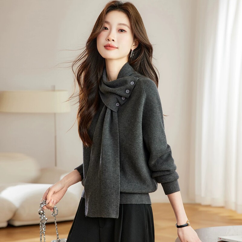 Atmospheric Detachable Scarf Collar Sweater for Women 2026 Autumn and Winter New Style Loose Design Neck Scarf Knitted Top